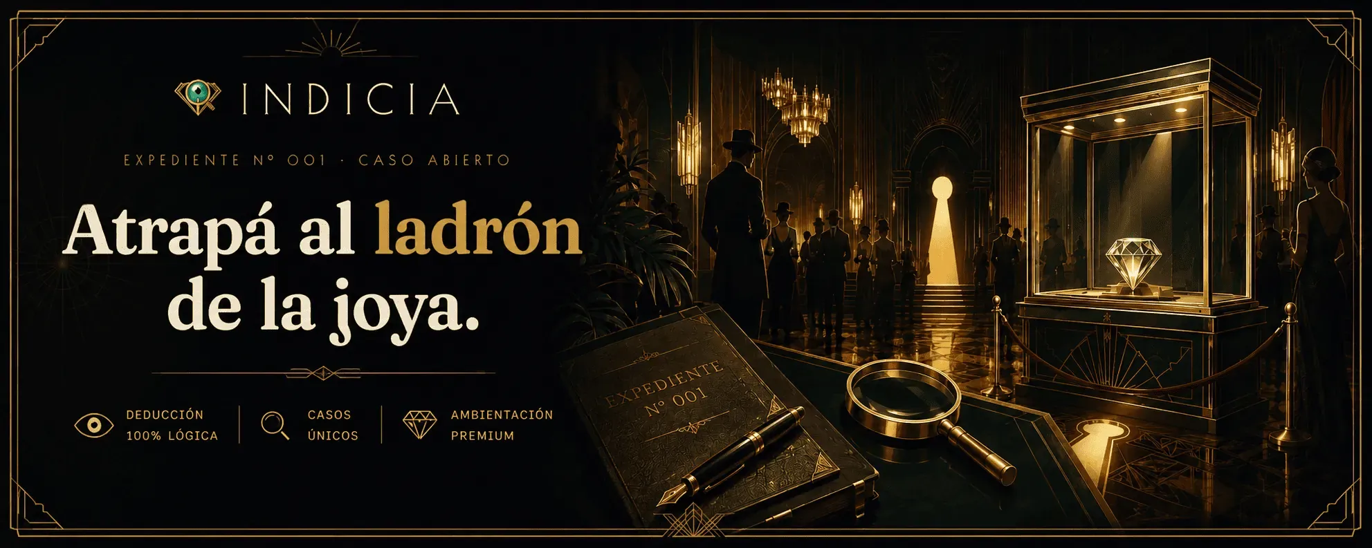 The heist scene in Indicia: a lit display case holding the jewel, suspects in evening wear, a magnifying glass and the case file
