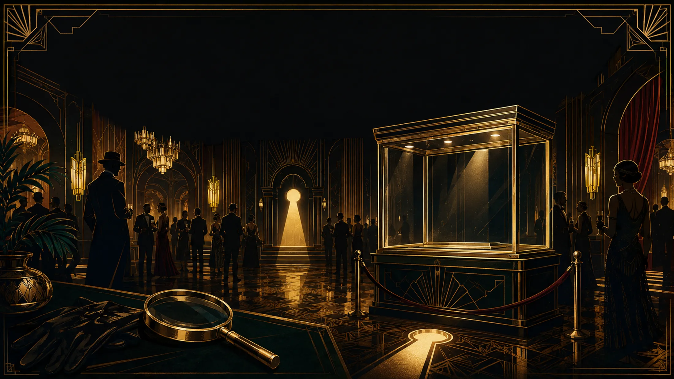 The heist scene at the gala, with the jewel's display case standing empty
